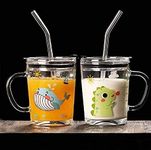 KiKiluxxa Random Design Cartoon Water Mug Drinking Milk Glass Cup For Kids Tumbler Sipper With Lid & Straw Pack Of 1, 350Ml Fruit Juice Milk Glass Sipper Tumbler Straw Lid, Multicolor