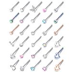 Adramata Hypoallergenic Nose Rings 30Pcs 18G 20G Surgical Stainless Steel Nose Ring Studs Heart Opal CZ Straight L Shaped Screw Nose Rings Labret Nose Piercing Jewelry for Women Men