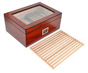 Eitida Desktop Humidor Case Holds 50-75 Cigar, Tempered Glass Top Display, Spanish Cedar Wood Storage Box with Divider& Air Flow Rack, Humidifier and Digital Thermo-Hygrometer, Sapele Cherry Finish