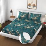 VAINE Premium Cotton 350 TC Elastic Fitted Bedsheets with 2 Pillow Covers | Double King Bed with All Around Elastic Wrinklefree Supersoft |Size-78 x72+10 inches | Green Flower