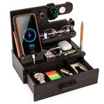 TESLYAR Wood Phone Docking Station with Drawer - Desk Accessories & Workspace Organizer - Nightstand Organizer - Birthday Gifts for Men or Dad - Idea for Anniversary - Key Holder Stand Watch (Black)