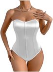 OYOANGLE Women's Silk Satin Bodysuit Sleeveless Strapless Tube Backless Solid Plain Slim Fit Bodysuit Tops White Small