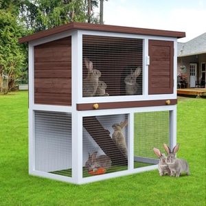 Advwin Rabbit Hutch Chicken Coop Wooden Pet House Outdoor Brown+White+Grey