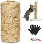 Sisal Rope for Cat,6mm (60M/197 FT) Natural Jute Rope with a Pair of Protective Gloves and Mice, Replacement for Cats Scratcher, Jute Rope for Cat Scratching Tree Home Garden DIY Decoration (Yellow)