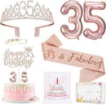 35th Birthday Decorations Gifts for Women, Including 35 year old Birthday Cake Topper, Birthday Queen Sash with Pearl Pin, Sweet Rhinestone Tiara Crown, Number Candles and Balloons Set, Rose Gold