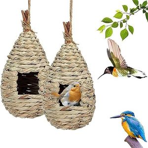 Casa de Paja Natural Pájaros, 2 Piezas Pájaros Casas De Pájaros Colgantes, Nido Pajaros Exterior Colgante, Tejidas a Mano Hierba Nidos para Pajaros para Colibríes, Gorriones y Otras Aves Pequeñas