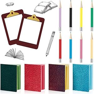 4 Pieces Miniature Book with 8 Pieces Miniature Pencil and 2 Pieces Miniature Clipboard Dollhouse Home Miniature Model DIY Decor Doll House School Accessories Coloring House Playset(Simple Style)