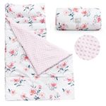 PHF Toddler Nap Mat with Removable Pillow and Minky Fleece Blanket, Rollup Design Warm Slumber Bags for Girls, 50"x20"x2" Kids Sleeping Bag for Daycare Preschool Travel Camping, Pink Floral