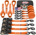 Vehiclex Ratchet Tie Down Straps – 15 Ft Long - Upgraded 2200 lb Break Strength – 4 Pk Orange Motorcycle & Powersports Tie-Downs & Soft Loops, Vinyl Coated Full Bent Closed S-Hook & Rubber Handle
