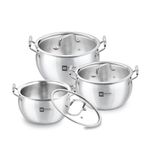 Bergner BE Bergner Essentials TriPly Stainless Steel 3 Pcs Rice Handi Set - 16cm / 2L, 18cm / 3.2L, 20cm / 4.2L with 3 Flat Glass Lids, Even Heat Distribution, Induction Bottom & Gas Stove Ready