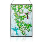 Soaoo 15" x 10" Hummingbird Stained Glass Window Hanging,handcrafted Big Suncatcher Bird Flowers Glass Panels Rectangular Decor,christmas for Mom Grandma Gift