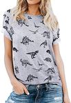 Women Cute Dinosaur Graphic Prime Tees Ladies Bestie Fun Shirt Blouse Tops, A-light Grey, Medium