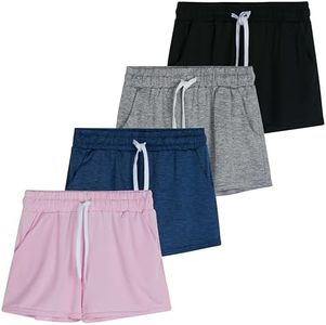 Real Essentials 4 Pack: Girls Active Athletic Performance Dry Fit Short Running Sports Shorts Soccer Tennis Summer Basketball Lounge Casual Sleep Bottoms Gym Workout Kids Dolphin - ST 1,M (10-12)