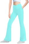 Girls' Leggings Cross Flare Pants with Pockets Black Soft Stretchy High Waisted Pants for Kids Child Yoga Dance, Mint Green, 11-12 Years