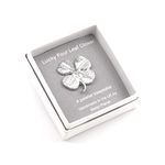 Clover for luck miniature keepsake token in a gift box with 'Lucky Four Leaf Clover' wording