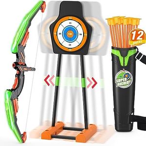 HYES Bow and Arrow for Kids, LED Light Up Archery Set with 12 Suction Cup Arrows, 1 Moving Target, 1 Quiver, Indoor Outdoor Sport Gifts for Boys Girls Ages 4-12, Green