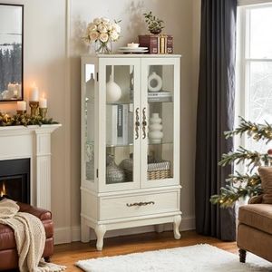CKEASEAN Lighted Curio Cabinet, 52" H Glass Display Cabinet with 3-Tier Adjustable Shelves, China Cabinet with Tempered Glass Doors for Living Room, Light Blub Included (White)