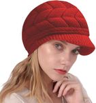 NLAND Winter Hat Knitted Beret Hat Women's Winter Warm Knitted Hat with Visor Elegant Balloon Hat Berets with Fleece Lining, red, One Size