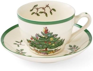 Spode Christmas Tree Teacup & Saucer Set - 7 Oz Earthenware Cup for Tea, Coffee, Cappuccino, Espresso - Holly & Mistletoe Holiday Accents - Holiday Collection Design for Gifting