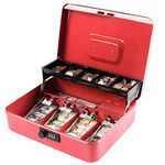 Kyodoled Money Box with Combination Lock, Metal Cash Box with Money Tray, Cash Register,5 Compartments Cantilever Tray & 4 Spring-Loaded Clips for Bills,11.81"x 9.45"x 3.54" Red