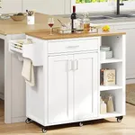 YITAHOME Rolling Kitchen Island Cart on Wheels with Storage, Drawer, Open Shelves, Spice/Towel Rack, Multi-Functional 2 Doors Kitchen Table Island for Dining Room, 42.5” Wide White