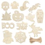 Qiuyan 26pcs Wooden Halloween Cutout Ornaments Unfinished Wood Craft Ornaments Ghost Shapes Wooden Slices Hanging Tags Halloween Decorations for Trick or Treat Bags (13 Styles)