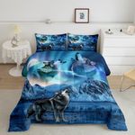 Feelyou Wolf Bedding Set Queen Size Wolves Howling Comforter Set for Boys Teens Decor Aurora Comforter Moon Wolf Bedroom Mountain Quilt Set 3Pcs