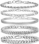 5Pcs Stainless Steel Bracelets for Men Sturdy Mens Chain Bracelet Carb Width Mens Silver Bracelet Exquisite Cuban Link Bracelet for Men Father 6.5/7.5/8.3/9inch