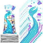 100 Pieces Plastic Mermaid Birthday Party Treat Bags Cellophane Clear Mermaid Tail Theme Cookie Candy Goodie Bags with 100 Silver Twist Ties for Under The Mermaid Sea Themed Birthday Party Supplies