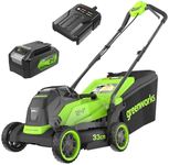 Greenworks 24V Cordless Lawnmower with Brushless Motor for Smaller Lawns up to 140m², 33cm Cutting Width, 30L Bag, Lawnmower with 24V 4Ah Battery & Charger, 3 Year Guarantee-MO24L411-01