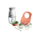 Tommee Tippee Quick-Chop Mini Baby Food Blender and Chopper + Weaning Starter Kit with Toddler Feeding Bowls and Spoons, Silicone Bib, 100% Leak-proof Weaning Sippy Cup and Food Storage Pots, 4m+