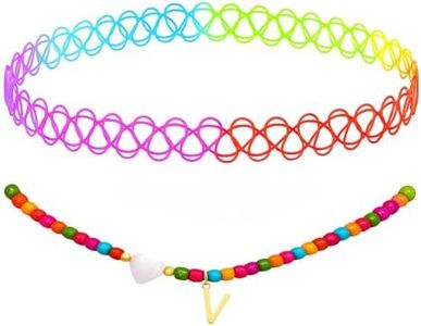 BodyJ4You 2PC Choker Initial Necklace for Kids - Letter V Pendant Heart Charm Goldtone Y2K Boho Beaded Collar - Personalized Gift Teen Girl Jewelry Children Jewelry - Beach Vacation Summer Accessories