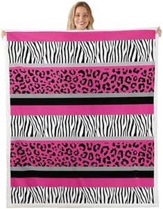 Zebra Stripes Sherpa Blanket with Leopard Print - Pink Black White Ultra Soft Plush Throw for Kids Girls - Wild Animal Skin Fuzzy Decor for Sofa Bed Couch - Queen 90x90 Inch