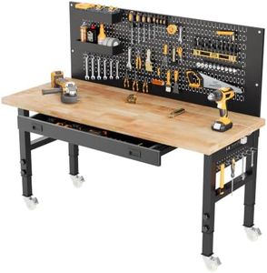 VEKMAX 60" Heavy Duty Workbench with Storage, Adjustable Height Garage Workbench 29.9"–39.6", 1.2" Solid Wood Top Work Table, Reinforced Steel Frame, Workshop Table with Power Strip & Pegboard Option