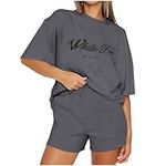 JSijepa Womens Summer Sweatsuits White-Fox Letter Printed Oversized Sweatshirt Shorts with Drawstring Pockets Casual Baggy Graphic Loungewear for Ladies Teens Plus Size Workout Top Bottom Sets