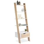 VonHaus Leaning Bookcase - Tall Ladder Bookshelf for Living Room - White & Oak Wood Effect Shelving Display Unit w/ 5 Shelves & Storage Drawer - Modern Scandi Style for Home Office & Hallway