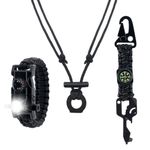 SET007 3PCS Survival Gear, Flint & Steel Fire Starter Adjustable Necklace, 20 in 1 Multifunctional Tactical Paracord Keychain, Paracord Survival Bracelet with Fire Starter, SOS Light, Compass, Green