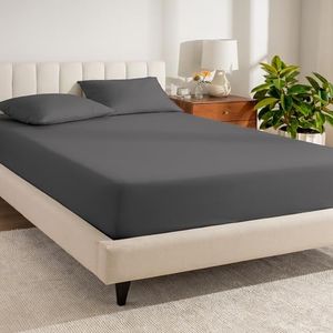 Bare Home 100% Organic Cotton Split Head Flex King Fitted Bottom Sheet - Crisp Percale Weave - Lightweight & Breathable - FlexTop King - Deep Pocket Fitted Sheet (Split Head Flex King, Grey)