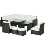 Outsunny 10-Seater Sofa Sectional w/ Cushioned Seat, Footstools and Glass Table