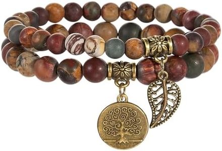 Farfume Conjunto de dos pulseras de piedras naturales, de chakras, para mujer, con accesorios, árbol de la vida y hoja, 17cm, Piedra