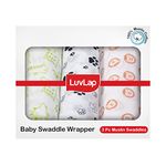 LuvLap 100% Cotton Muslin Baby Swaddle Set, Pack of 3, Size-120cm x 100cm (47"x39"), Animals Printed on White, 0-18 Month+, Printed Muslin Swaddle Wrap for New Born Baby