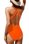 Husmeu Women's One Piece Athletic Swimsuit Crisscross Sports Training Racerback Swimwear Plus Size Slimming Bathing Suit Orange M