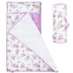 Toddler Nap Mat for Girls Floral, Removable Pillow and Fleece Minky Blanket, Lightweight and Soft Perfect for Kids Preschool, Daycare, Travel Sleeping Bag, 21" x 50" Fit on a Standard Cot