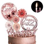 MOVINPE Rose Gold Cake Toppers, Happy Birthday Banner Candles, Paper Fan Fireworks, Confetti Balloons Cake Toppers Girl Ladies Birthday Party Gifts