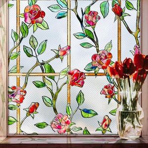 Windimiley Stained Glass Window Privacy Film: 3D Rose Decorative Bathroom Frosted Window Clings Sun Heat Blocking Flower Window Tint for Home Non Adhesive Door Window Covering (16.9 x 39.4 in,Red)