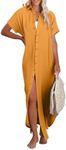 Dokotoo Plus Size Swimsuit Beach Cover Ups Summer Dresses for Women 2024 Fashion Vacation Button Down Long Kimonos Cardigan Short Sleeve Side Split Casual Solid Loose Fit Bathing Suit Orange XL