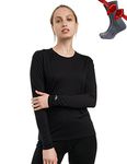 Merino.tech Merino Wool Base Layer Women 100% Merino Wool Lightweight Long Sleeve Thermal Shirts + Wool Socks (X-Large, 165 Black)