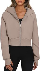 Ladies Long Sleeve Crop Tops Full Zip Up Oversized Hoodies Sweatshirts Fall Fleece Jacket Light Brown