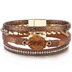 Leather Wrap Bracelet Boho Cuff Bracelets Crystal Bead Bracelet with Clasp Jewelry Gifts for Women(7.7", Coffee)