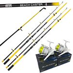 2x LFS Beachcaster Sea Fishing Rod 12ft 2pc + Lidsters BLUE OCEAN 70 Reel Yellow